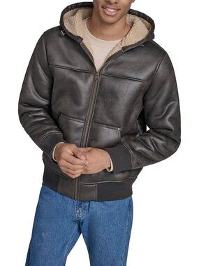 Mole Brown Faux Shearling Medium Men's Bomber Hoodie Jacket - Stylish & Cozy